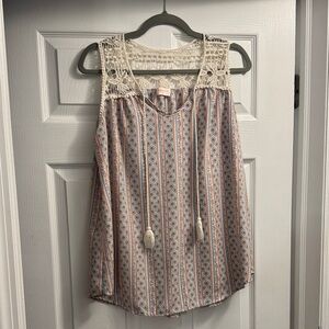 Crochet Yoke Striped Tank Top in Cream and Dusty Pink